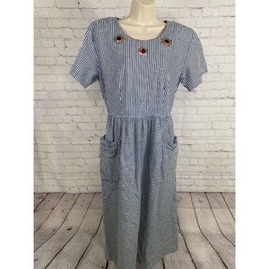 VTG American Design Leslie Lucks Blue/White Striped Gold Accents A Line Dress 12